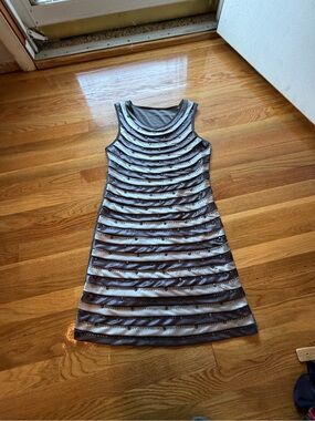 Striped Sleeveless Mini Dress party dress silver and gray medium